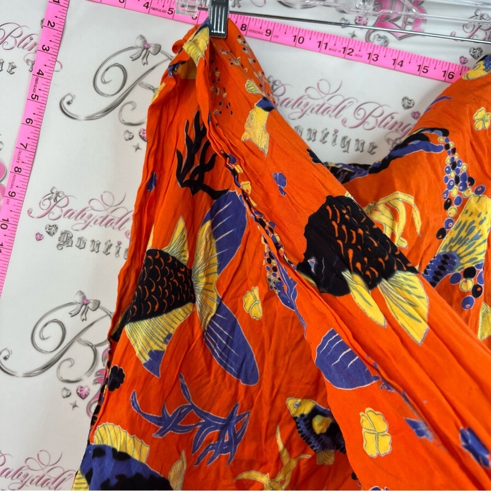 Scarf wrap fish Vibrant Orange Rayon Tapestry with Yellow & Blue Fish Print - Picture 4 of 8